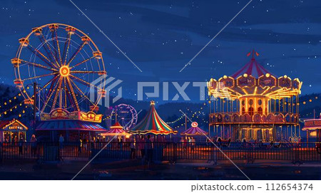 Vibrant amusement park at night with illuminated rides and stalls. colorful, festive atmosphere captured in illustrative style. perfect for family entertainment concepts. AI 112654374