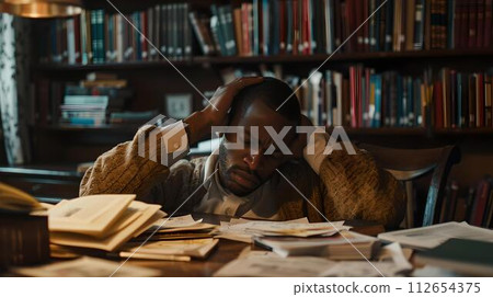 Thoughtful man in a library surrounded by books looks perplexed. academic environment. study and research theme. captured in a moody light. AI 112654375