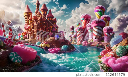 Fantasy candyland landscape with pink castle and candy river. surreal scene illustration for creative design. dreamy kids background. AI Fantasy candyland landscape with pink castle and candy river. surreal scene illustration for creative design. dreamy kids background. AI 112654379