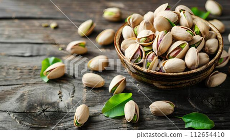 Bowl of fresh pistachios on rustic wooden surface. healthy snack concept. natural light used. perfect for cooking themes. AI 112654410