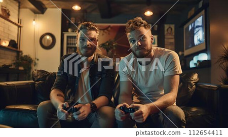 Two friends enjoying a fun video game night at home. casual living room gaming session. relaxed and joyful atmosphere. AI 112654411
