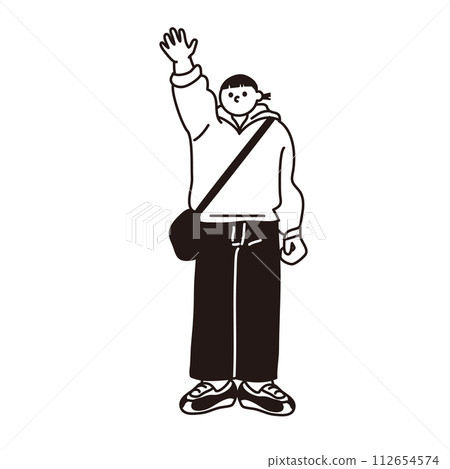 Line drawing vector of a woman raising one hand 112654574