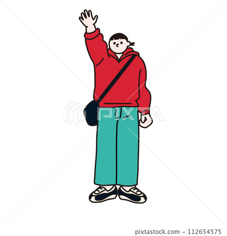 Line drawing vector of a woman raising one hand 112654575