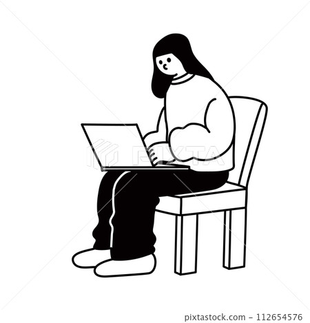 Line drawing vector of a woman sitting on a chair and using a computer Line drawing vector of a woman sitting on a chair and using a computer 112654576
