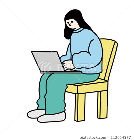 Line drawing vector of a woman sitting on a chair and using a computer Line drawing vector of a woman sitting on a chair and using a computer 112654577