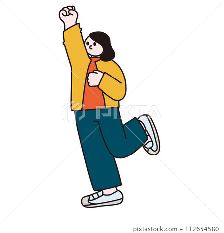Line drawing vector of a woman who is happy with a fist pump Line drawing vector of a woman who is happy with a fist pump 112654580