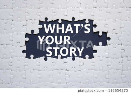 What is your story symbol. Concept words What is your story on white puzzle. Beautiful deep blue background. Business and What is your story concept. Copy space. 112654870