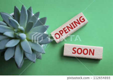 Opening soon symbol. Concept word Opening soon on wooden blocks. Beautiful green background with succulent plant. Business and Opening soon concept. Copy space Opening soon symbol. Concept word Opening soon on wooden blocks. Beautiful green background with succulent plant. Business and Opening soon concept. Copy space 112654893