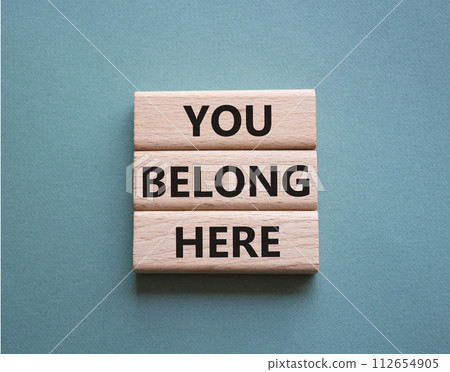 You belong here symbol. Wooden blocks with words You belong here. Beautiful grey green background. Business and You belong here concept. Copy space. 112654905