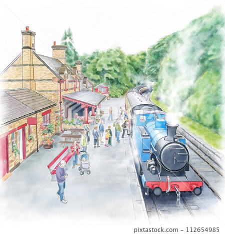 Lake District station and locomotive (white background) 112654985