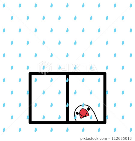 Illustration of a sparrow looking at the rain from the window 112655013