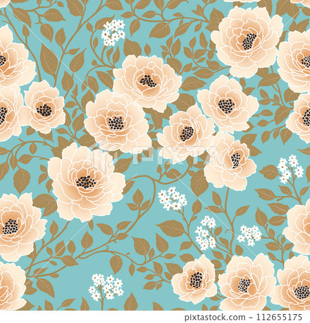 Floral Seamless Pattern of White Flowers and Khaki Green Leaves on Light Blue Backdrop. Wallpaper Design for Printing on Fashion Textile, Fabric, Wrapping Paper, Packaging. 112655175