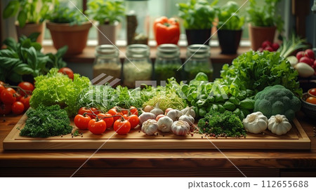 vegetables and herbs on a wooden kitchen board 112655688