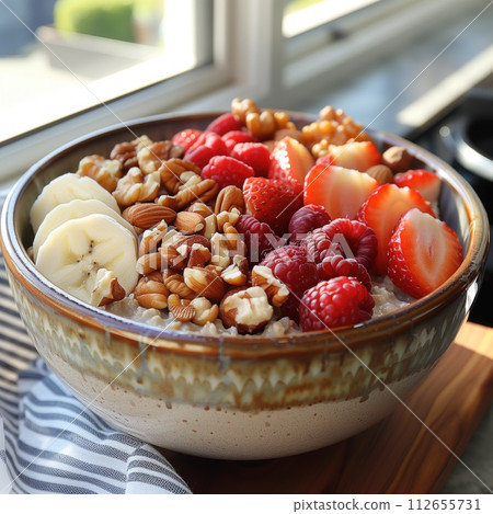 oatmeal with berries and nuts in a plate 112655731