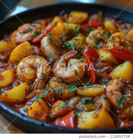cooked shrimps with vegetables in a plate 112655734