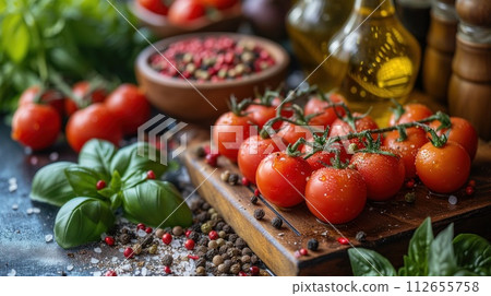 fresh tomatoes with basil and bottle of oil 112655758