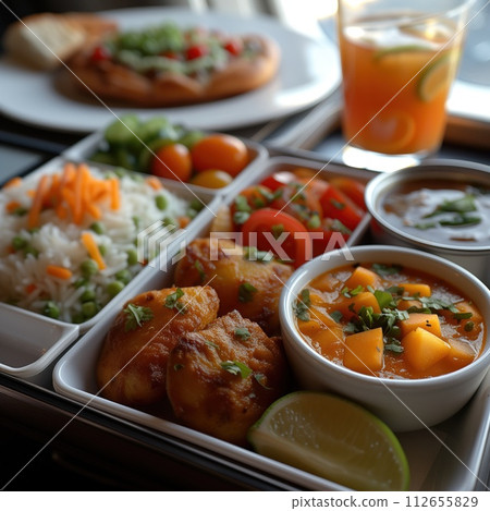 rice with meat and vegetables separate meals 112655829