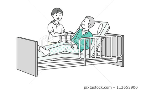Illustration of an elderly man sleeping in bed and a caregiver assisting him 112655900