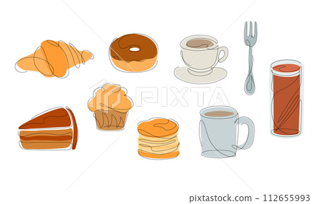 咖啡館食物和咖啡的線條藝術插圖 咖啡館食物和咖啡的線條藝術插圖 112655993