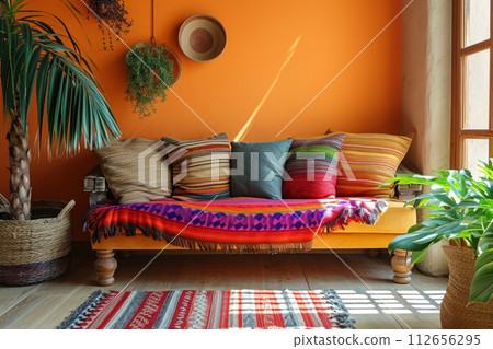 Beige sofa with multicolored cushions, blanket and large floor plant near window in mexican style next to empty yellow wall mock up with copy space 112656295