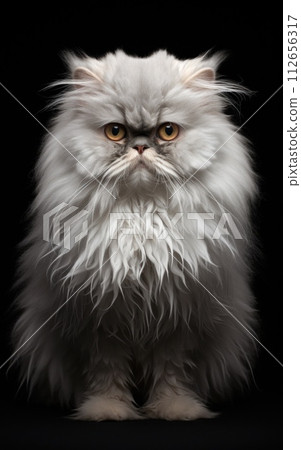 Full body studio portrait fluffy white persian cat sitting with strict expression and looking in camera isolated on black background 112656317
