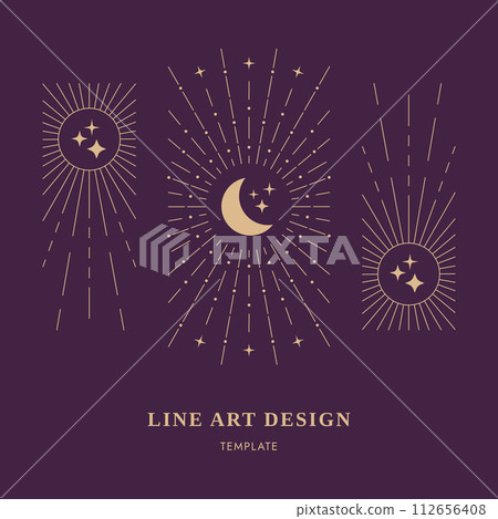 Celestial design card, Moon, Sun Rays Stars, Decorative Magic Background, Thin Line Art Vector Illustration Celestial design card, Moon, Sun Rays Stars, Decorative Magic Background, Thin Line Art Vector Illustration 112656408