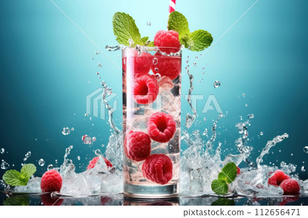 Transparent glass with refreshing drink detox infused water with raspberry and mint, Isolated beverage with splashes on blue background 112656471