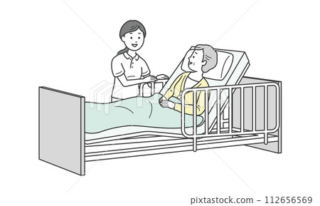 Illustration of an elderly woman sleeping in bed and a caregiver assisting her 112656569