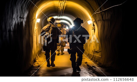 Covert Operation, Special Forces Soldiers Clearing Terrorist Tunnel Underground, Generative AI 112656648