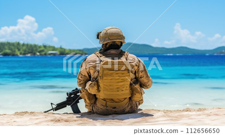Coastal Reflection, Soldier Resting on the Beach, Confronting Emotional Turmoil of War, Generative AI 112656650