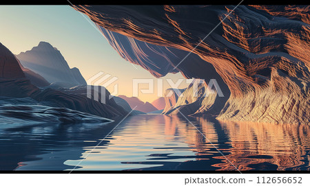 Sunset Serenity, Futuristic Landscape Zen Wallpaper with Cliffs and Water, Generative AI 112656652