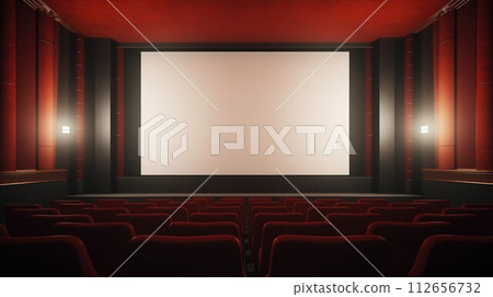 Silent Stage, Empty Movie Hall with Blank Screen, Cinema Room with White Screen, Generative AI 112656732