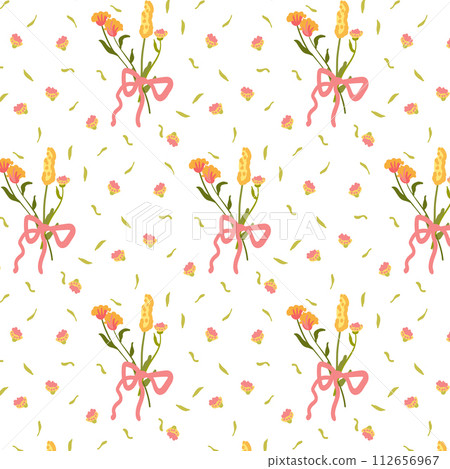 Seamless pattern with wild flowers. Summer floral background in retro style. Decorated backdrop for wallpaper and fabric with a bouquet. For bed linen, fabric and clothing. Vector illustration 112656967