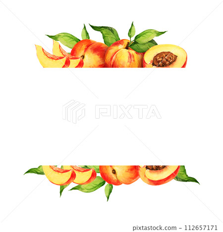 watercolor illustration of summer fruit, peach or apricot, nectarine on a branches with green leaves and slices of peach, sketch of sweet food isolated on white background watercolor illustration of summer fruit, peach or apricot, nectarine on a branches with green leaves and slices of peach, sketch of sweet food isolated on white background 112657171