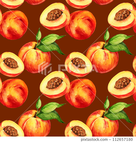 watercolor seamless pattern with summer fruit, peach or apricot, nectarine, half and slices of peach and green leaves, food illustration, sketch of sweet food on brown background watercolor seamless pattern with summer fruit, peach or apricot, nectarine, half and slices of peach and green leaves, food illustration, sketch of sweet food on brown background 112657180