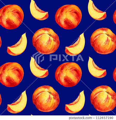 watercolor seamless pattern with summer fruit, peach or apricot, nectarine, slices of peach, food illustration, sketch of sweet food on blue background, red, yellow and orange color watercolor seamless pattern with summer fruit, peach or apricot, nectarine, slices of peach, food illustration, sketch of sweet food on blue background, red, yellow and orange color 112657190