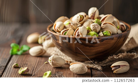 Bowl with pistachios on a wooden table. Bowl with pistachios on a wooden table. 112657263
