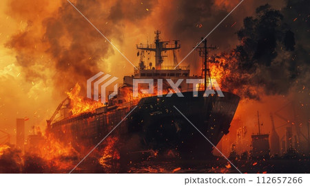 fire in the seaport burning ship, cargo ship. fire in the seaport burning ship, cargo ship. 112657266