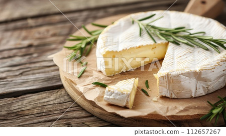 Soft French Camembert cheese on wood background . Soft French Camembert cheese on wood background . 112657267