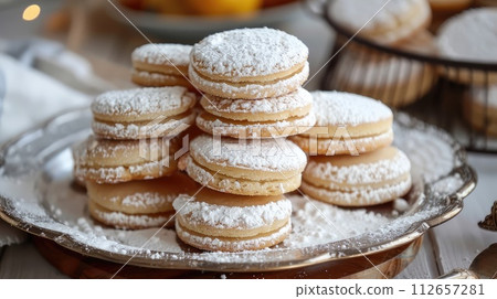 Alfajores traditional argentina sweet cookies on a table Alfajores traditional argentina sweet cookies on a table 112657281