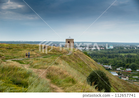 The tower of an ancient Bulgarian fortress on a high cliff on the banks of the Kama River, Elabuga, Tatarstan, Russian Federation The tower of an ancient Bulgarian fortress on a high cliff on the banks of the Kama River, Elabuga, Tatarstan, Russian Federation 112657741