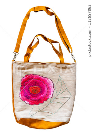 hand crafted textile bag with embroidered flower hand crafted textile bag with embroidered flower 112657862
