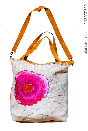 handcrafted canvas bag with embroidered flower 112657866
