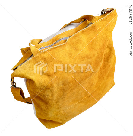 hand crafted yellow suede bag cutout on white 112657870