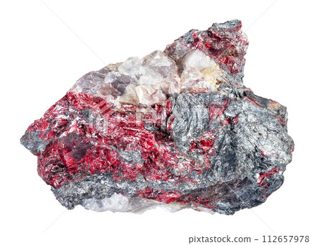 raw cinnabar and stibnite on fluorite rock cutout 112657978