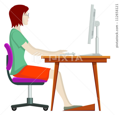 Woman working at computer desk side view. Sitting posture Woman working at computer desk side view. Sitting posture 112658121