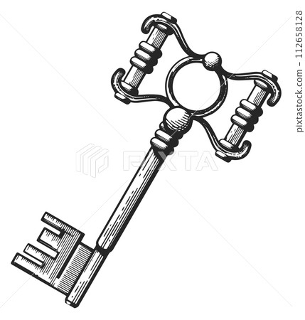 Medieval metal key with ornate filigree engraving Medieval metal key with ornate filigree engraving 112658128