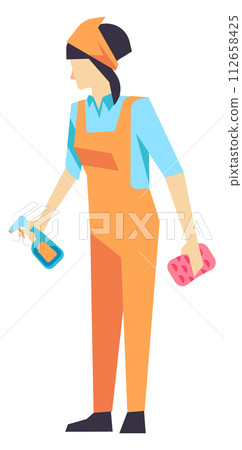 Cleaner woman hold sponge and spray bottle. Professional worker Cleaner woman hold sponge and spray bottle. Professional worker 112658425