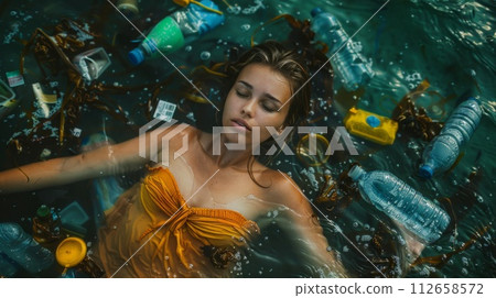 Young woman lying in ocean with plastic bottles and trash. 112658572