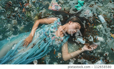 Beautiful girl in blue dress lying in water with trash. 112658580